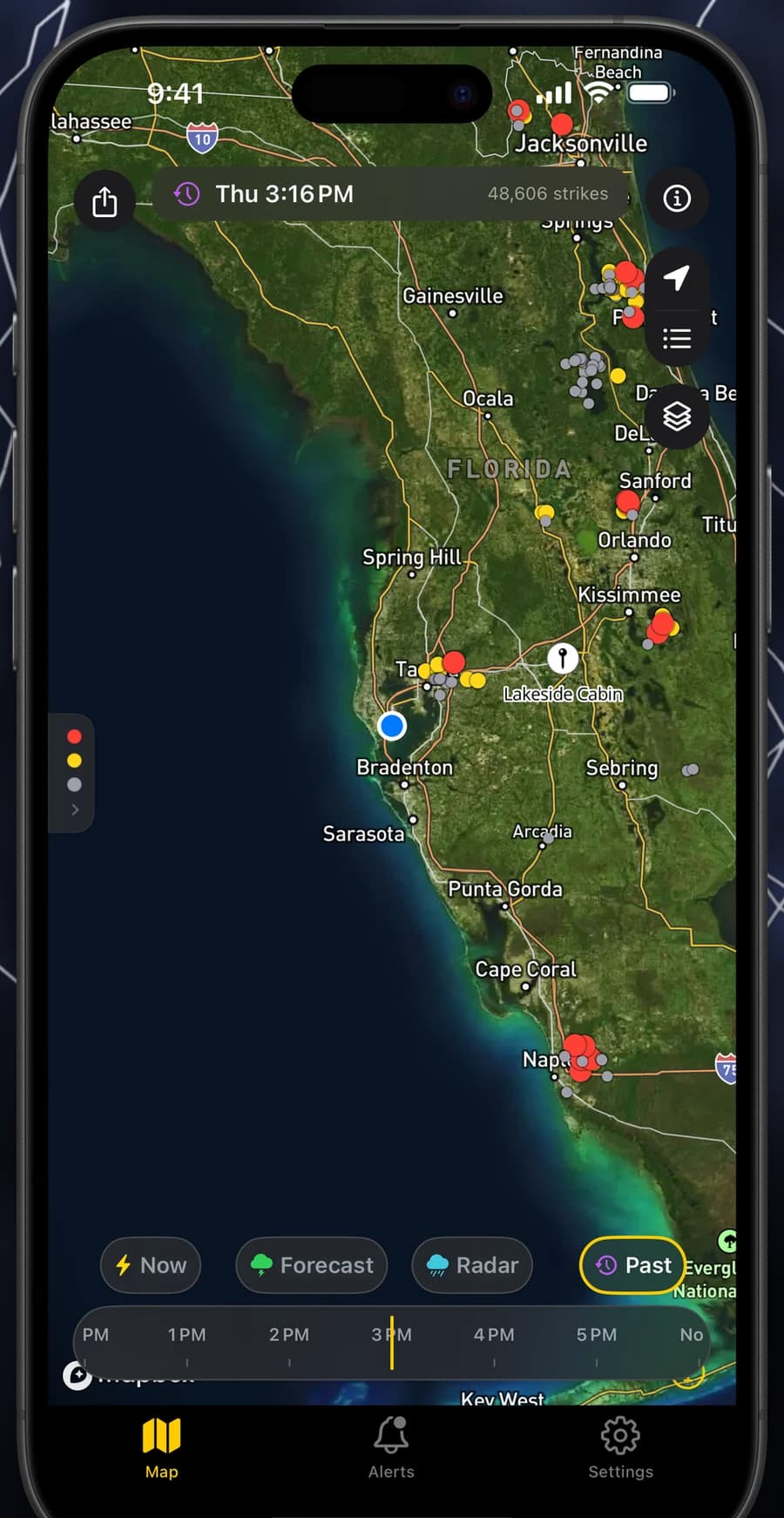 Lightning Tracker's 24-hour storm rewind timeline replaying a past night of lightning strikes