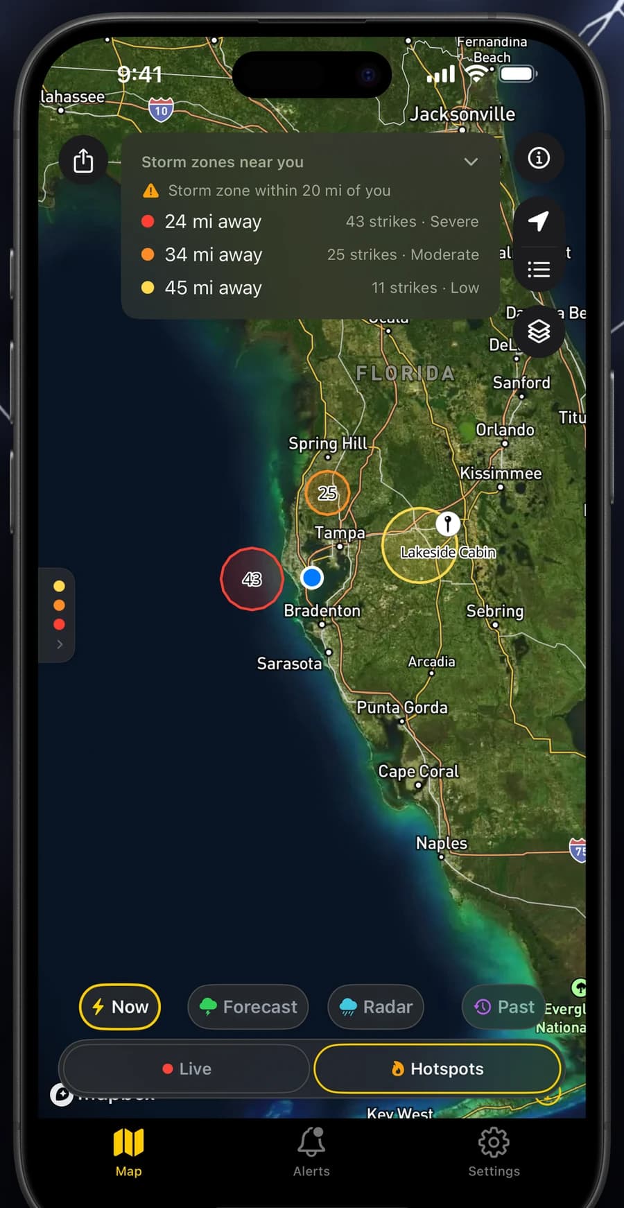 A ranked list of active lightning hotspots showing storm intensity and distance from the user