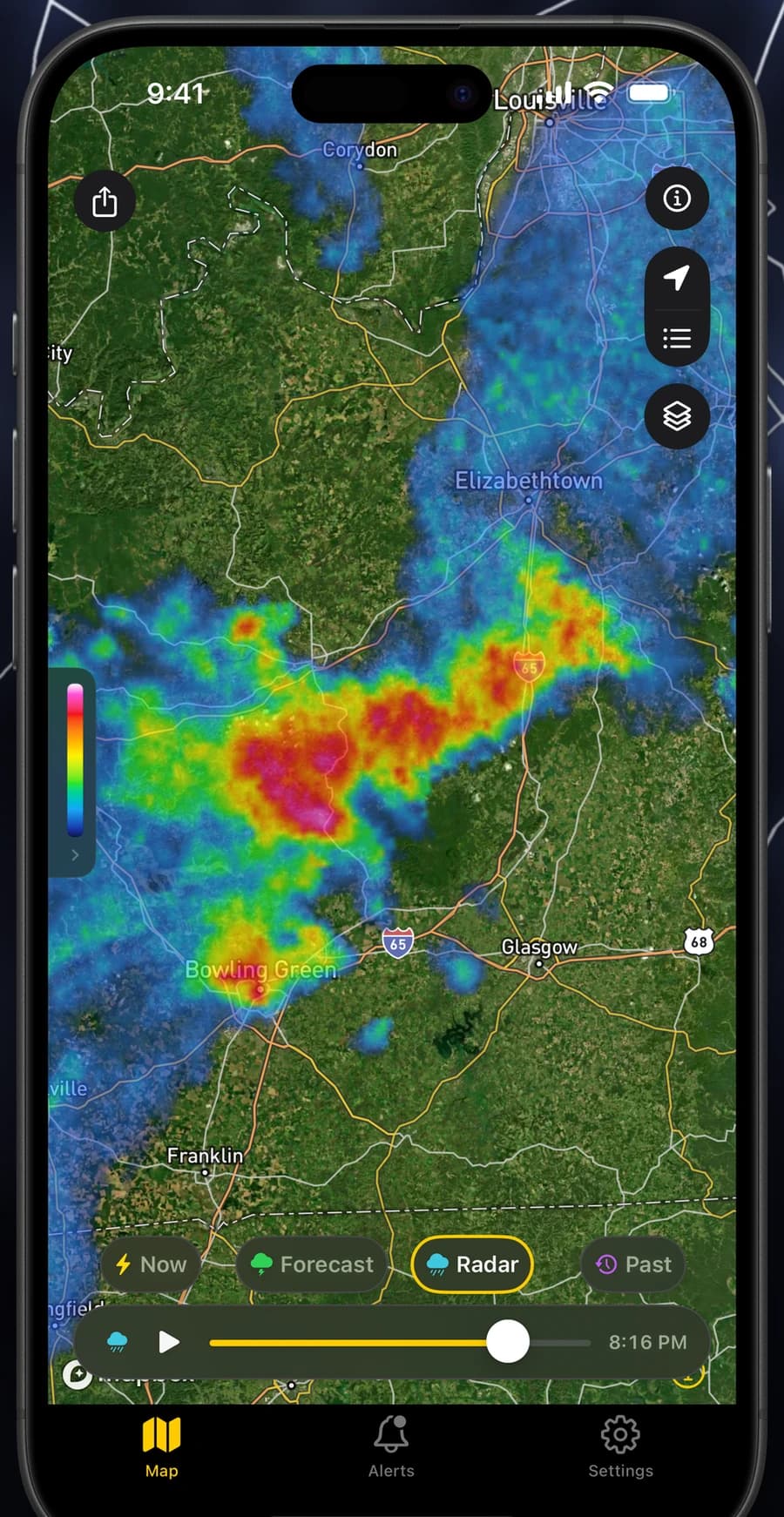 Precipitation radar playback layered beneath live lightning strikes in Lightning Tracker